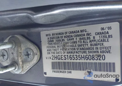 2005 Honda Civic Lx z USA, uszkodzony, nr VIN 2HGES16535H608320